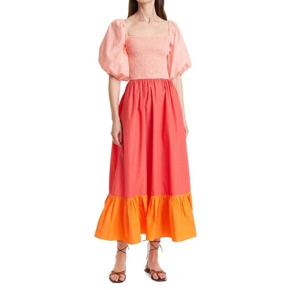 RHODE Eloise Smock Bodice Cotton Maxi Dress Size XS Pink Red Orange Tiered Chic - Picture 2 of 16